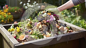 stockphoto, Person composting food waste in backyard compost bin garden. Person putting green waste into a compost bin