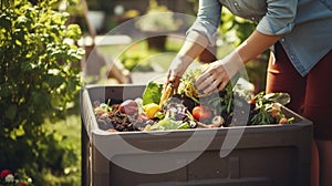 stockphoto, Person composting food waste in backyard compost bin garden. Person putting green waste into a compost bin.