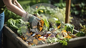 stockphoto, Person composting food waste in backyard compost bin garden. Person putting green waste into a compost bin