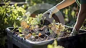 stockphoto, Person composting food waste in backyard compost bin garden. Person putting green waste into a compost bin.