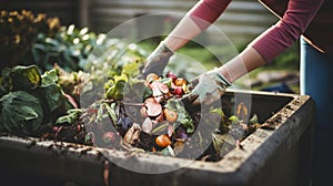 stockphoto, Person composting food waste in backyard compost bin garden. Person putting green waste into a compost bin.