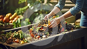 stockphoto, Person composting food waste in backyard compost bin garden. Person putting green waste into a compost bin