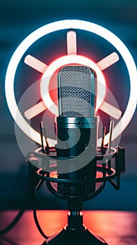 StockPhoto Studio podcast microphone on blurry neon background, broadcasting equipment photo