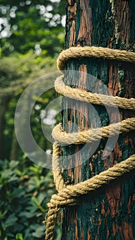 StockPhoto Thick hemp rope coils around tree, showcasing natural strength