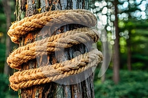 StockPhoto Thick hemp rope coils around tree, showcasing natural strength