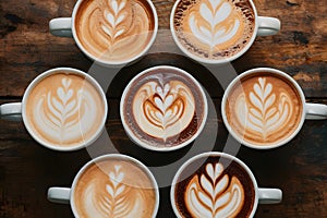 StockPhoto A variety of cup macchiatos presented in top view photo
