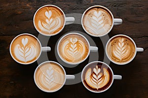 StockPhoto A variety of cup macchiatos presented in top view photo