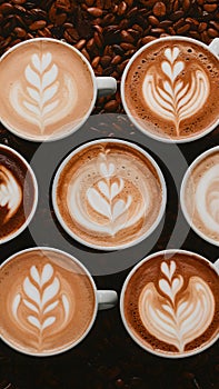 StockPhoto A variety of cup macchiatos presented in top view photo