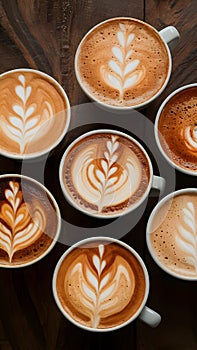 StockPhoto A variety of cup macchiatos presented in top view photo