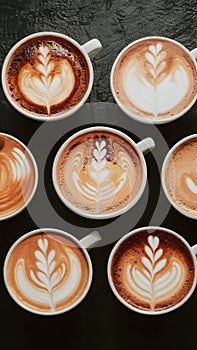 StockPhoto A variety of cup macchiatos presented in top view photo