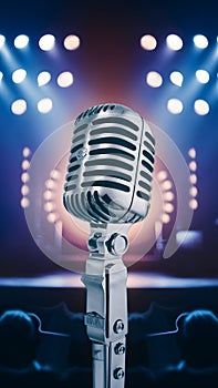 StockPhoto Vintage microphone on stage with blurred concert lights background