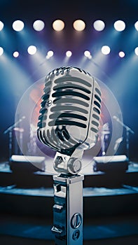 StockPhoto Vintage microphone on stage with blurred concert lights background