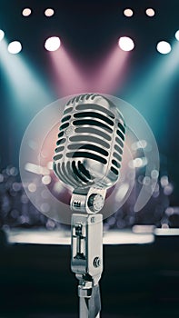 StockPhoto Vintage microphone on stage with blurred concert lights background