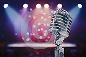 StockPhoto Vintage microphone on stage with blurred concert lights background