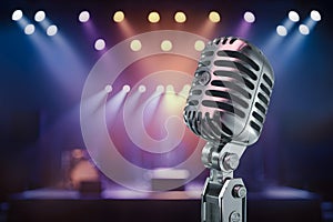 StockPhoto Vintage microphone on stage with blurred concert lights background