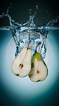 StockPhoto Water splash featuring sliced pears in an isolated setting photo