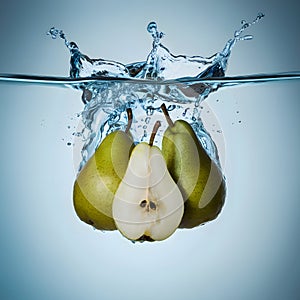 StockPhoto Water splash featuring sliced pears in an isolated setting photo