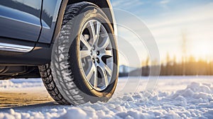 stockphoto, Winter tire. SUV car on snow road. Tires on snowy highway detail. close up view. Space for text.