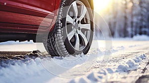 stockphoto, Winter tire. SUV car on snow road. Tires on snowy highway detail. close up view. Space for text.