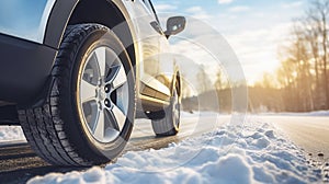 stockphoto, Winter tire. SUV car on snow road. Tires on snowy highway detail. close up view. Space for text.