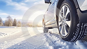 stockphoto, Winter tire. SUV car on snow road. Tires on snowy highway detail. close up view. Space for text