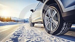 stockphoto, Winter tire. SUV car on snow road. Tires on snowy highway detail. close up view. Space for text.