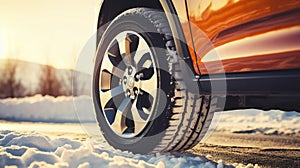 stockphoto, Winter tire. SUV car on snow road. Tires on snowy highway detail. close up view. Space for text.