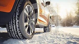 stockphoto, Winter tire. SUV car on snow road. Tires on snowy highway detail. close up view. Space for text.