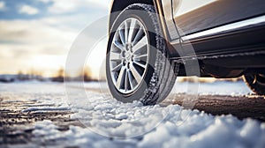 stockphoto, Winter tire. SUV car on snow road. Tires on snowy highway detail. close up view. Space for text.