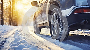 stockphoto, Winter tire. SUV car on snow road. Tires on snowy highway detail. close up view. Space for text