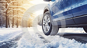 stockphoto, Winter tire. SUV car on snow road. Tires on snowy highway detail. close up view. Space for text.