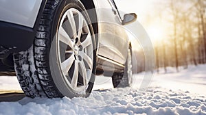 stockphoto, Winter tire. SUV car on snow road. Tires on snowy highway detail. close up view. Space for text.