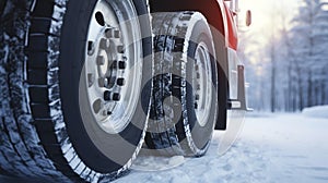 stockphoto, Winter tire. truck on snow road. Tires on snowy highway detail. close up view. Copy space.