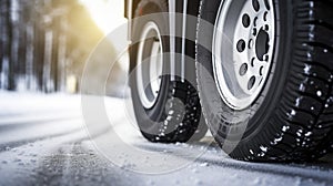 stockphoto, Winter tire. truck on snow road. Tires on snowy highway detail. close up view. Copy space.