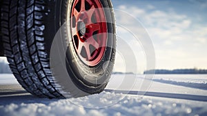 stockphoto, Winter tire. truck on snow road. Tires on snowy highway detail. close up view. Copy space