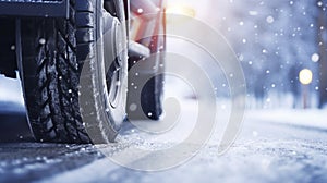 stockphoto, Winter tire. truck on snow road. Tires on snowy highway detail. close up view. Copy space.