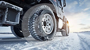 stockphoto, Winter tire. truck on snow road. Tires on snowy highway detail. close up view. Copy space