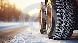stockphoto, Winter tire. truck on snow road. Tires on snowy highway detail. close up view. Copy space