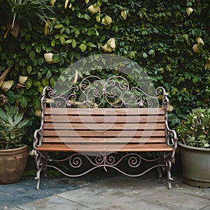 StockPhoto Wooden bench with ornate ironwork provides a charming seating option