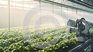 stockphotography, copy space, greenhouse with a industrial robot arm spraying on fresh crops. Innovative technology photo