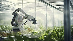 stockphotography, copy space, greenhouse with a industrial robot arm spraying on fresh crops. Innovative technology photo