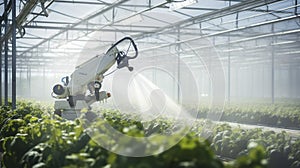 stockphotography, copy space, greenhouse with a industrial robot arm spraying on fresh crops. Innovative technology photo