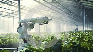 stockphotography, copy space, greenhouse with a industrial robot arm spraying on fresh crops. Innovative technology photo