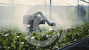 stockphotography, copy space, greenhouse with a industrial robot arm spraying on fresh crops. Innovative technology photo