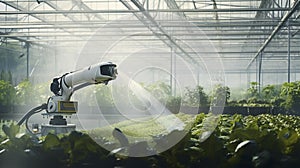 stockphotography, copy space, greenhouse with a industrial robot arm spraying on fresh crops. Innovative technology photo