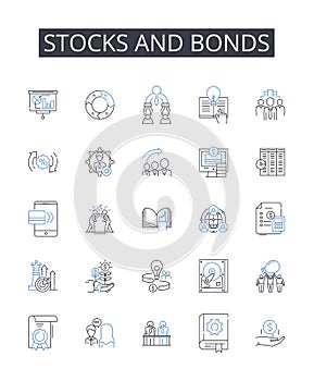 Stocks and bonds line icons collection. Mentor, Guide, Instructor, Educator, Coach, Tutor, Proficient vector and linear photo