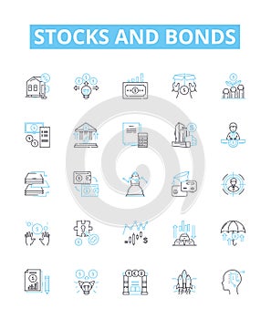 Stocks and bonds vector line icons set. Stocks, Bonds, Equities, Fixed income, Securities, Stock market, Bond market