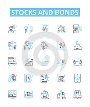 Stocks and bonds vector line icons set. Stocks, Bonds, Equities, Fixed income, Securities, Stock market, Bond market