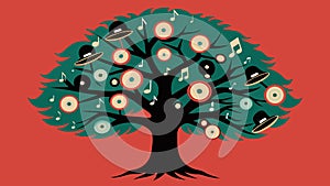 A stoic cedar tree boasting branches filled with vinyl records of classical music symphony orchestras and operas. Vector photo