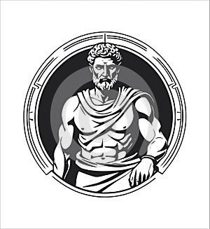 stoic man logo, strong thinker between circular frame, masculine emblem for elegant brands